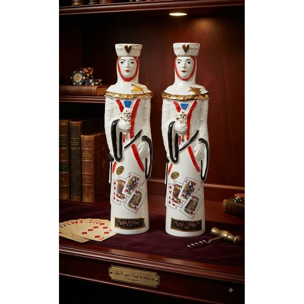Vintage Ezra Brooks Royal Flush Queen of Hearts Decanter Set Heritage China